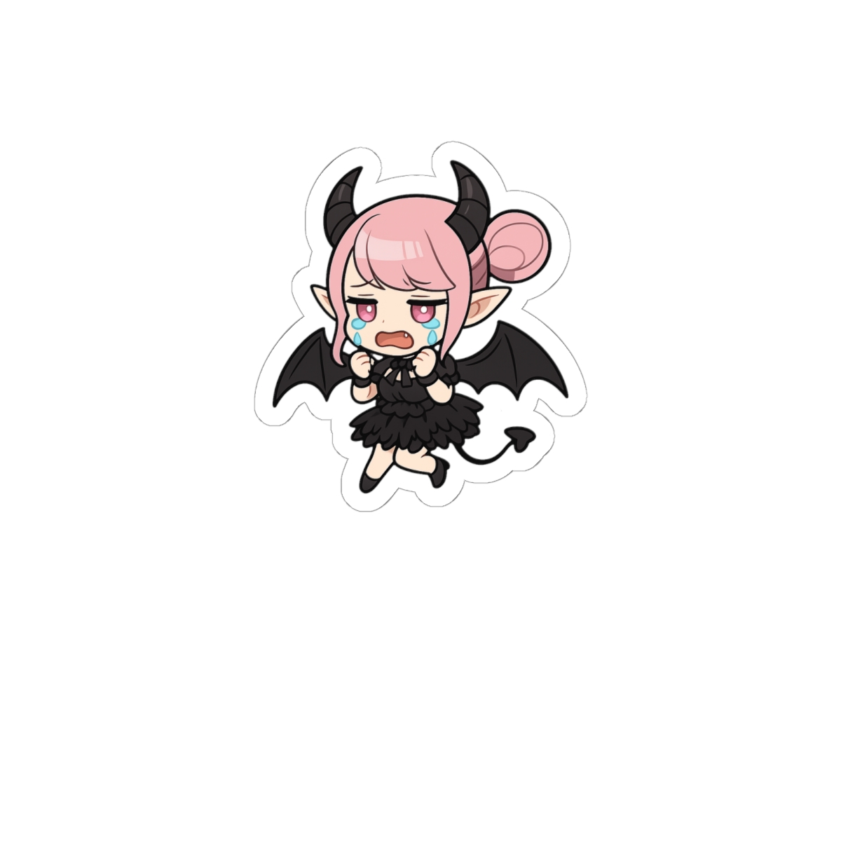 A sticker featuring a cartoon illustration of a pink-haired, purple-skinned demon girl with black wings and a black dress. She is crying and has a mischievous expression on her face.
